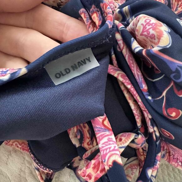 Old Navy Floral Halter V-Neck Ruffle Cross-Back Tankini Large Blue Floral - Picture 7 of 10